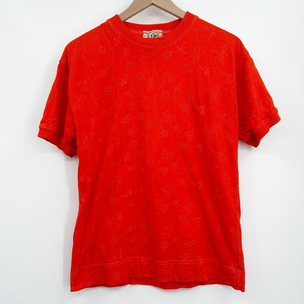 Gene Ewing Bis Bis Vintage Embroidered T-Shirt Orange Red‎ Small / Medium